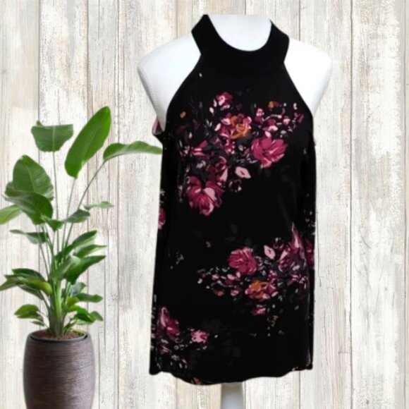 LE CHATEAU halter black pink red flower design naked shoulder long sleeve - Picture 1 of 10